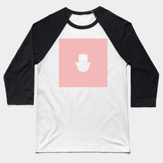 White Hamsa Hand on Light Pink Background Baseball T-Shirt by sigdesign